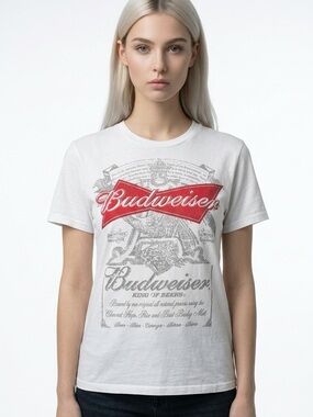 BUDWEISER | Short Sleeve White Graphic Beer Tee Logo Hit Front Size Small NEW